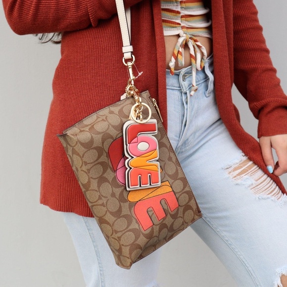 NEW Coach Large Leather Keyring KeyFob Bag Charm In Signature Canvas - Picture 6 of 12